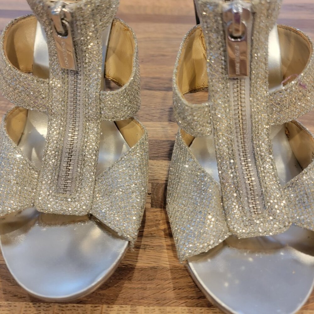 Michael Kors Berkley 4” High Heel Metallic Front Zip Sparkling Gladiator Sandals - Picture 6 of 13